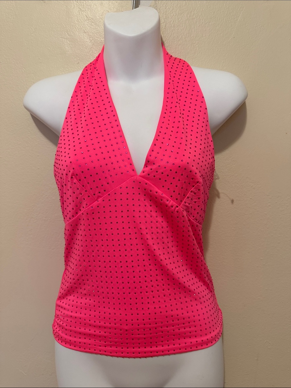 Sleeveless Halter V-Neck Blouse in Neon Pink with Dot Accent
